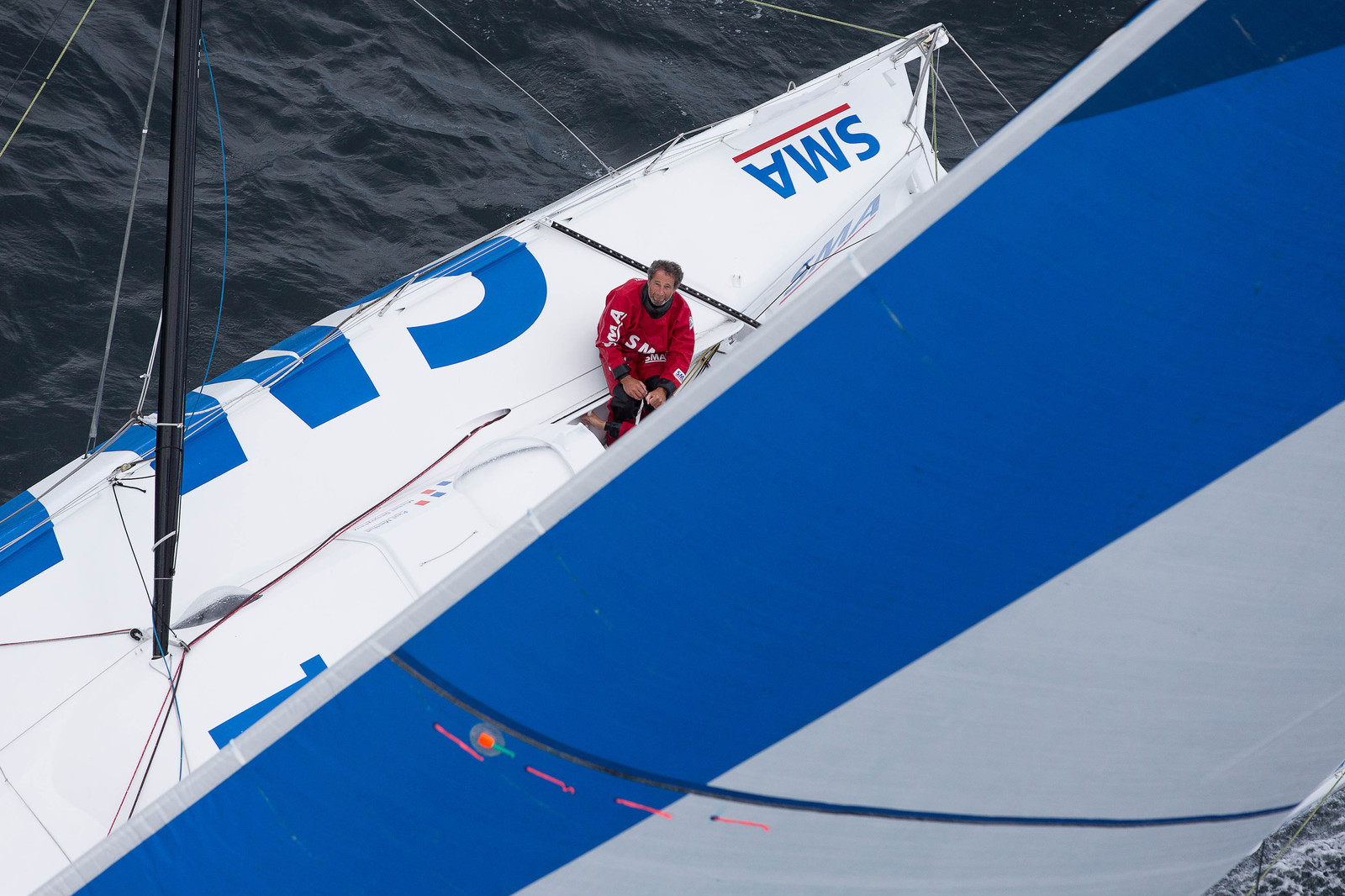 Paul Meilhat et Michel Desjoyeaux à l'entrainement sur IMOCA SMA avant le départ de la Transat Jacques vabre 2015 au départ du Havre et à destination de Itajaï au Brésil..Groix, 16 09 2015, Photo © Jean-Marie LIOT   DPPI.