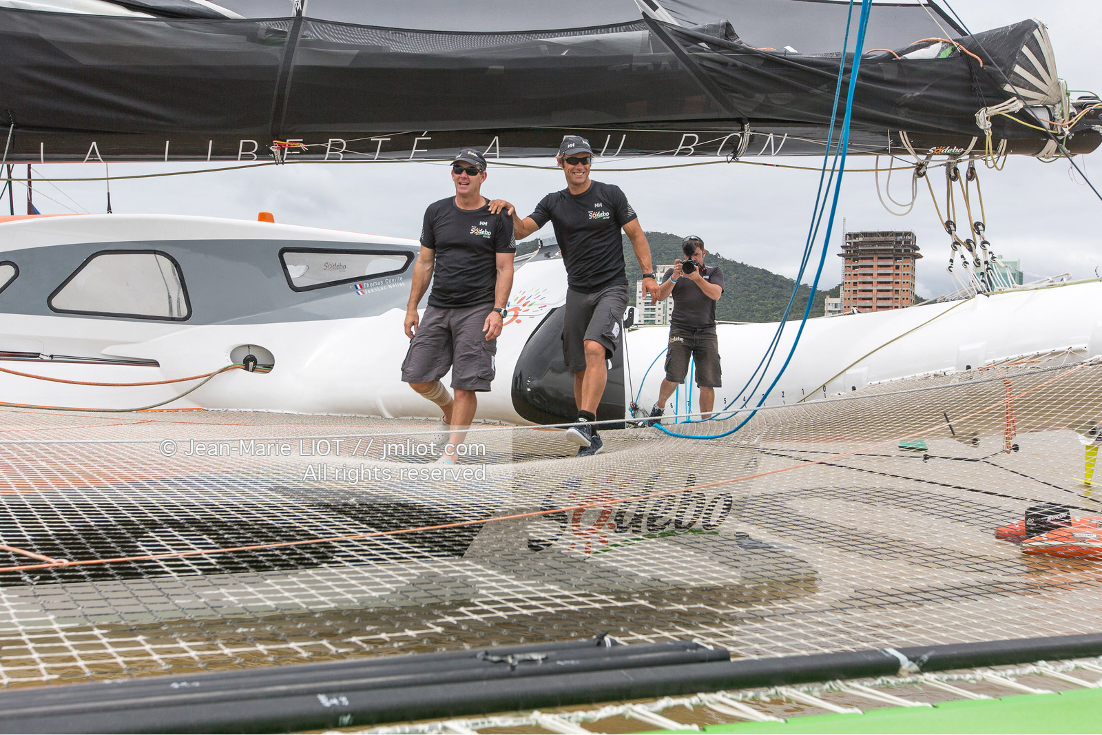 Itajaï(Brésil), samedi 7 novembre 2015, Thomas Coville et Jean-Luc Nélias deuxiémes au classement Ultim de la Transat Jacques Vabre sur SODEBO. Photo © JEAN-MARIE LIOT   DPPI.