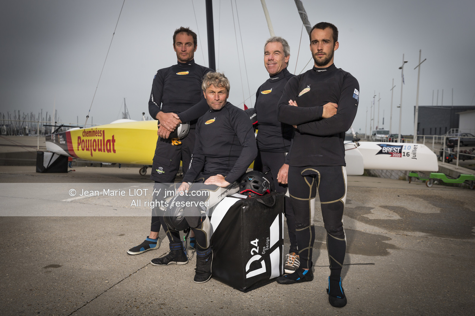 Bernard Stamm, skipper du Diam 24 Cheminées Poujoulat et son équipage Kinou Mourniac, Gwen Riou, Antoine Ricard à l'entrainement, au Havre le 6 juin 2018, photo Jean-Marie LIOT.