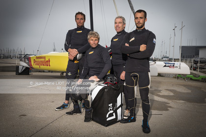 Bernard Stamm, skipper du Diam 24 Cheminées Poujoulat et son équipage Kinou Mourniac, Gwen Riou, Antoine Ricard à l'entrainement, au Havre le 6 juin 2018, photo Jean-Marie LIOT.