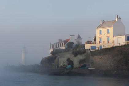 France, Morbihan (56), Belle-Ile, Brume du matin dans le port de Suzon