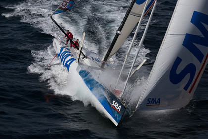 Paul Meilhat et Michel Desjoyeaux à l'entrainement sur IMOCA SMA avant le départ de la Transat Jacques vabre 2015 au départ du Havre et à destination de Itajaï au Brésil..Groix, 16 09 2015, Photo © Jean-Marie LIOT   DPPI.