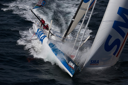 Paul Meilhat et Michel Desjoyeaux à l'entrainement sur IMOCA SMA avant le départ de la Transat Jacques vabre 2015 au départ du Havre et à destination de Itajaï au Brésil..Groix, 16 09 2015, Photo © Jean-Marie LIOT   DPPI.